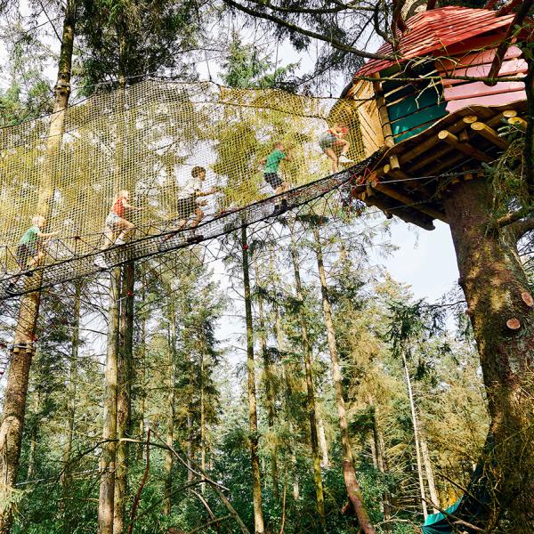 Besøg den vildeste legepark i skoven. Prøv som børnene her at løbe på de lange hængebroer fra trætophytte til trætophytte. Det er aktiv ferie for børnefamilier. 