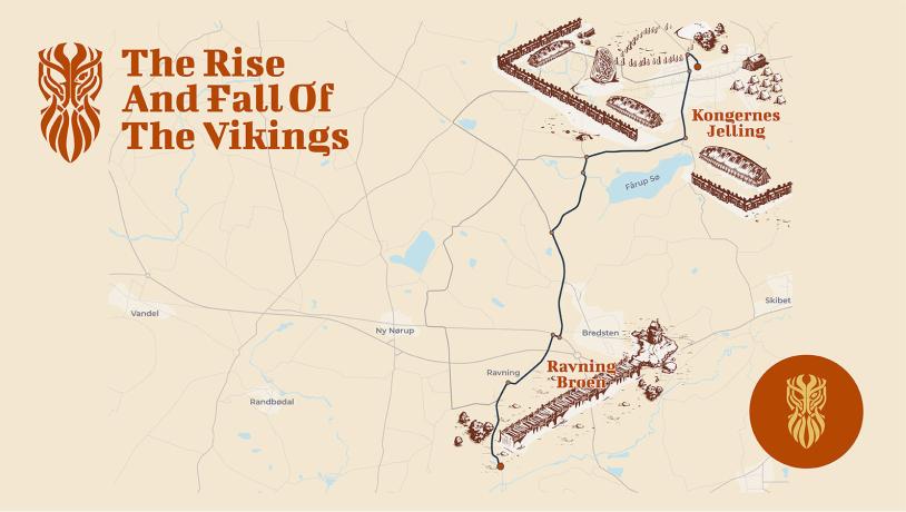 Tegnet kort af landområdet ved Jelling med forstørrede udgaver af Ravningebroen, Jellingstenen og vikingetidens største enkeltstående bygningsanlæg Monumentpladsen ved Kongernes Jelling.