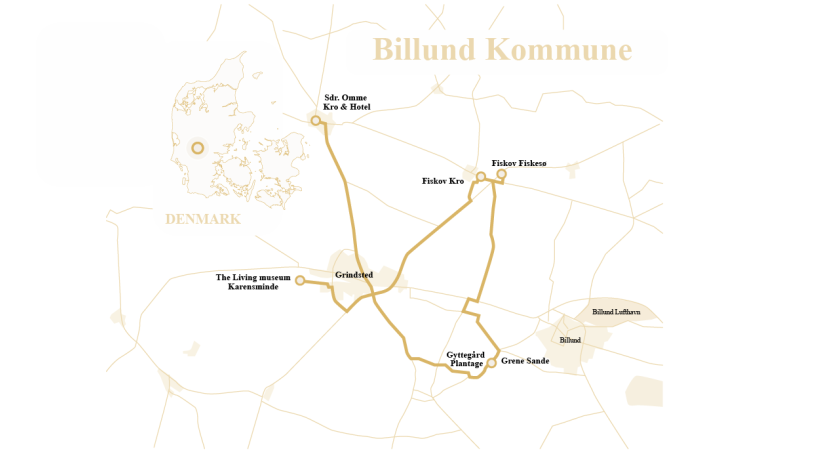 På det tegnede kort ses Gastroruten som samler Billund Kommunes lokale perler af madoplevelser, landskaber og kultur. Small Wonders i The Heart of Jutland.