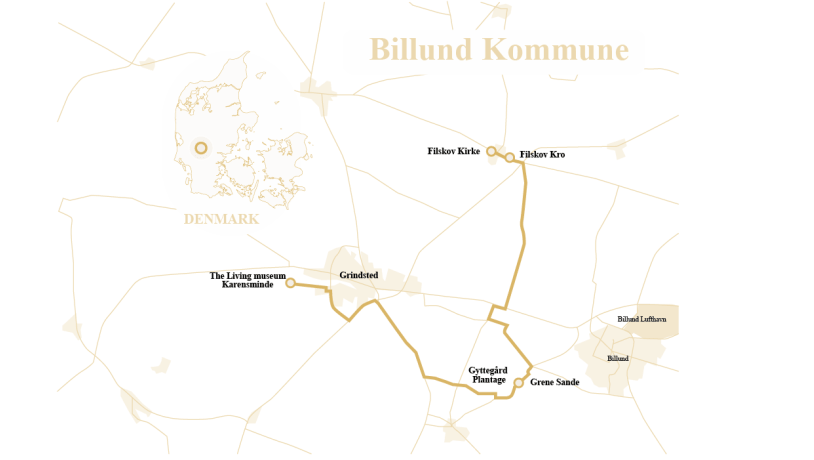 Tegnet kort over Small Wonders-Hederuten i Billund Kommune med markering af seværdigheder som Karensminde, Filskov Kirke, Filskov Kro, Gyttegård Plantage og Grene Sande.
