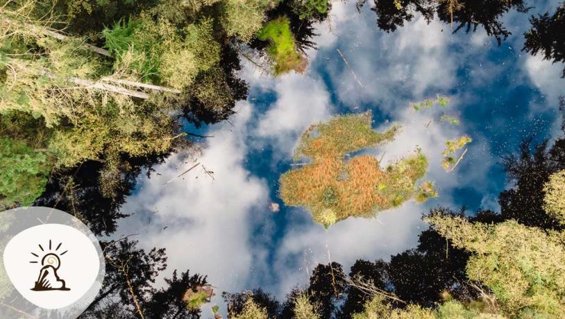 Luftfoto af Syvårssøerne i Frederikshåb Plantage, hvor himlen spejler sig i det mørke vand omgivet af tæt skov. Søerne er et stop på Kunstruten i Small Wonders – Heart of Jutland.