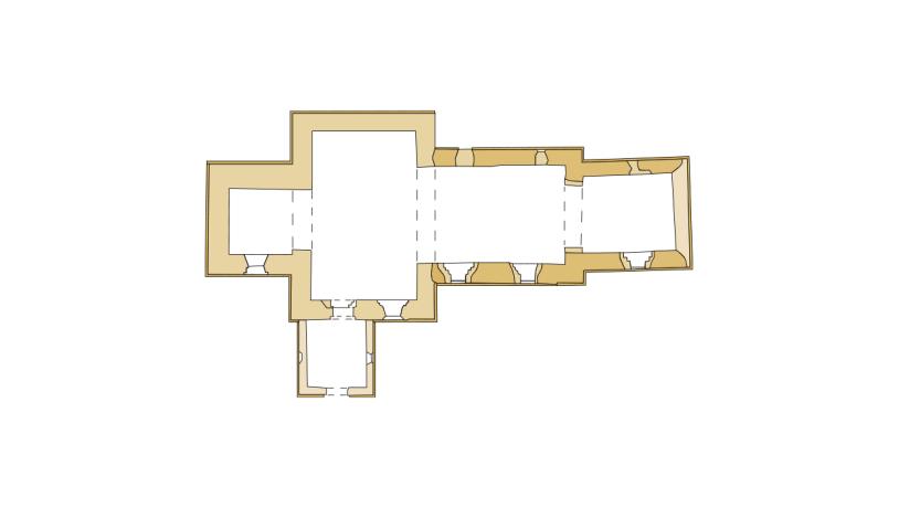 egnet grundrids af Vorbasse Kirke, der viser kirkens form og ruminddeling. Kirken er et stop på Kunstruten i Small Wonders – Heart of Jutland.