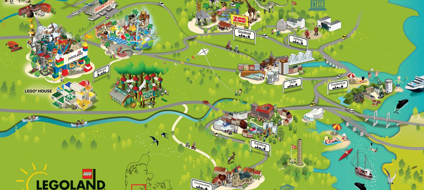 På det tegnede kort over LEGOLAND® Billund Resort finder du 18 børneattraktioner i et område fyldt med natur og masser af børnevenlige strande. Udforsk de mange sjove børneattraktioner.