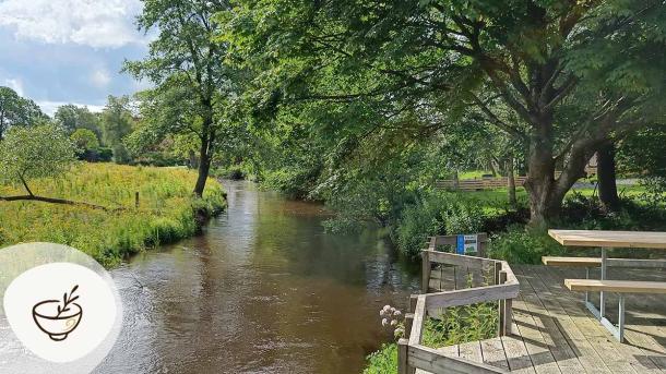 Sdr. Omme Å, der slynger sig gennem grønne omgivelser ved Sdr. Omme by, et stop på Gastroruten i Small Wonders.