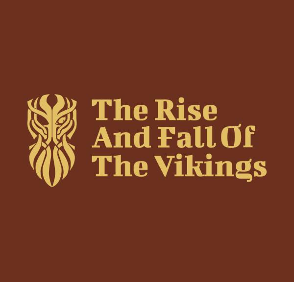 The full logo, Odin med det ene øje og payoff The Rise And Fall Of The Vikings i gylden farve på en mørk rødbrun farve