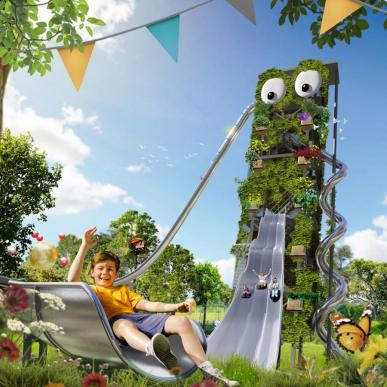 Giv dig i kast med den enorme rutsjebane, Giganten i WOW PARK, som drengen her på billedet.