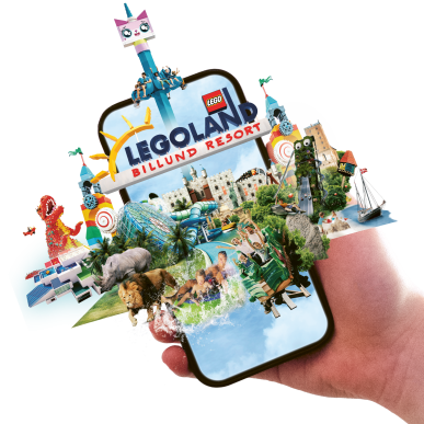 En hånd der holder en mobiltelefon, som viser LEGOLAND Billund Resort Key Visual med attraktioner i trekantområdet
